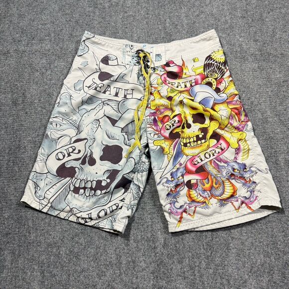 Ed Hardy Other - Vtg Ed Hardy Shorts Mens 34 White Swim Board Trunks Skull Dragon Tattoo Y2K